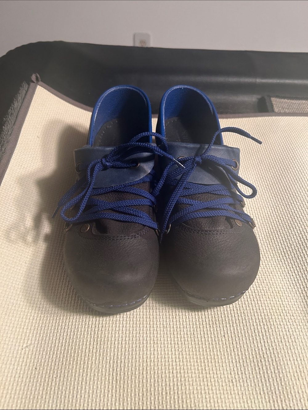 Sanita Black Clog Mules with Navy Accents
